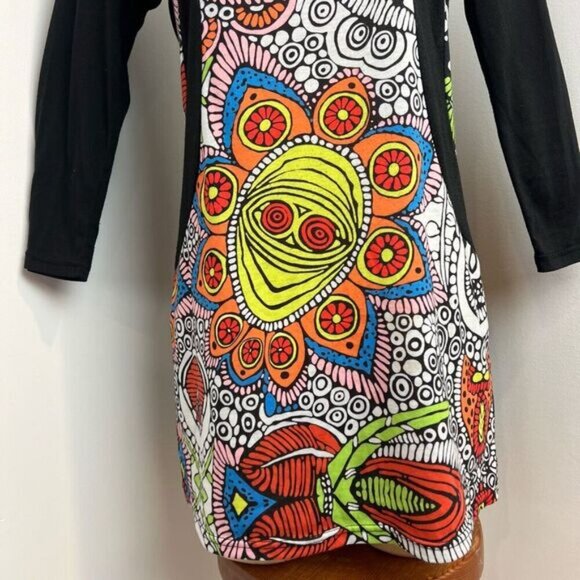 Oze Women’s Medium Psychedelic Bohemian Art to Wear Mini 3/4 Sleeve Dress Black - Picture 4 of 14